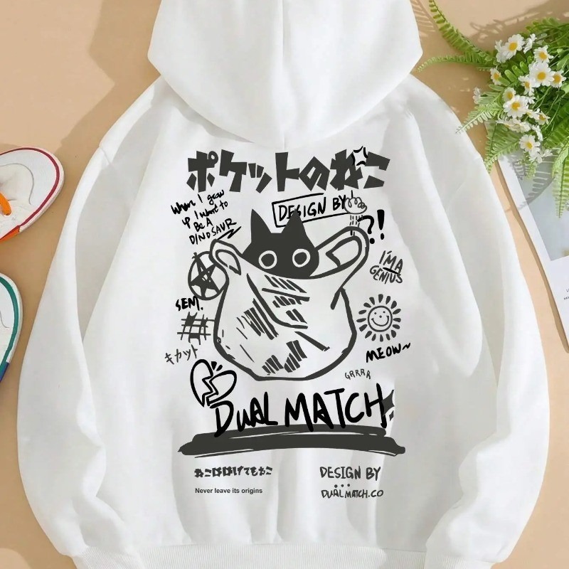 Moletom Com Capuz Gato Scola Dual Match Fofo Desenho Japanese Style Algodão