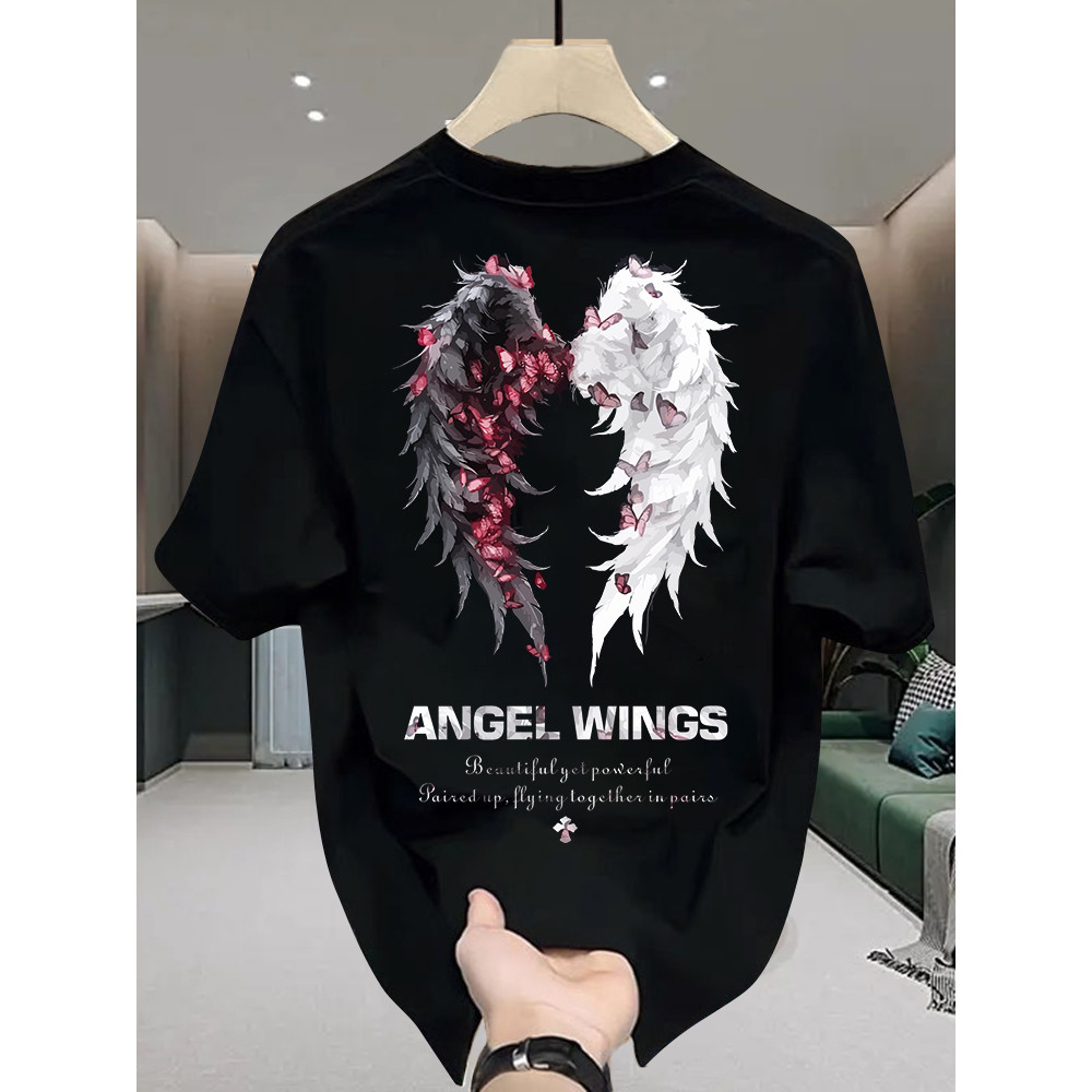 2026 Camiseta Oversized Preta Unissex, Design com Asas de Anjo Preto e Branco com Borboletas, Texto 