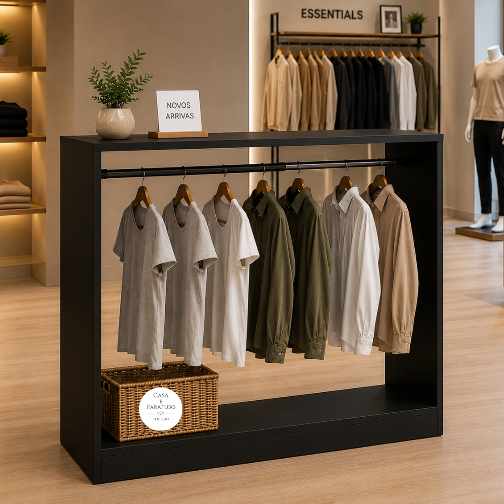 Balcão Aparador Decorativo com Cabideiro Expositor de Roupas para Loja e Closet - 81