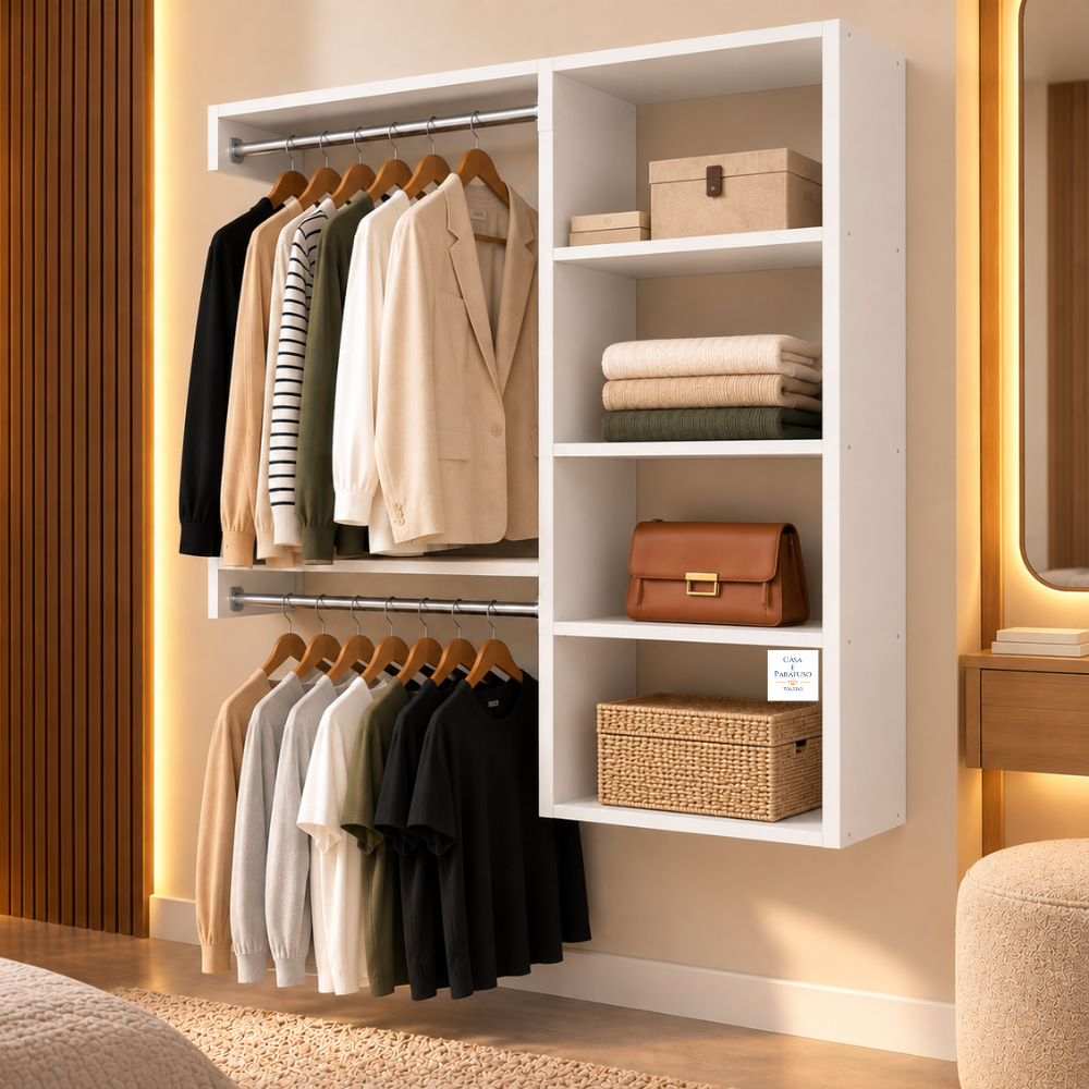 Cabideiro de Parede Branco MDF Arara Suspensa Closet Aberto  – Compacto e Elegante 67