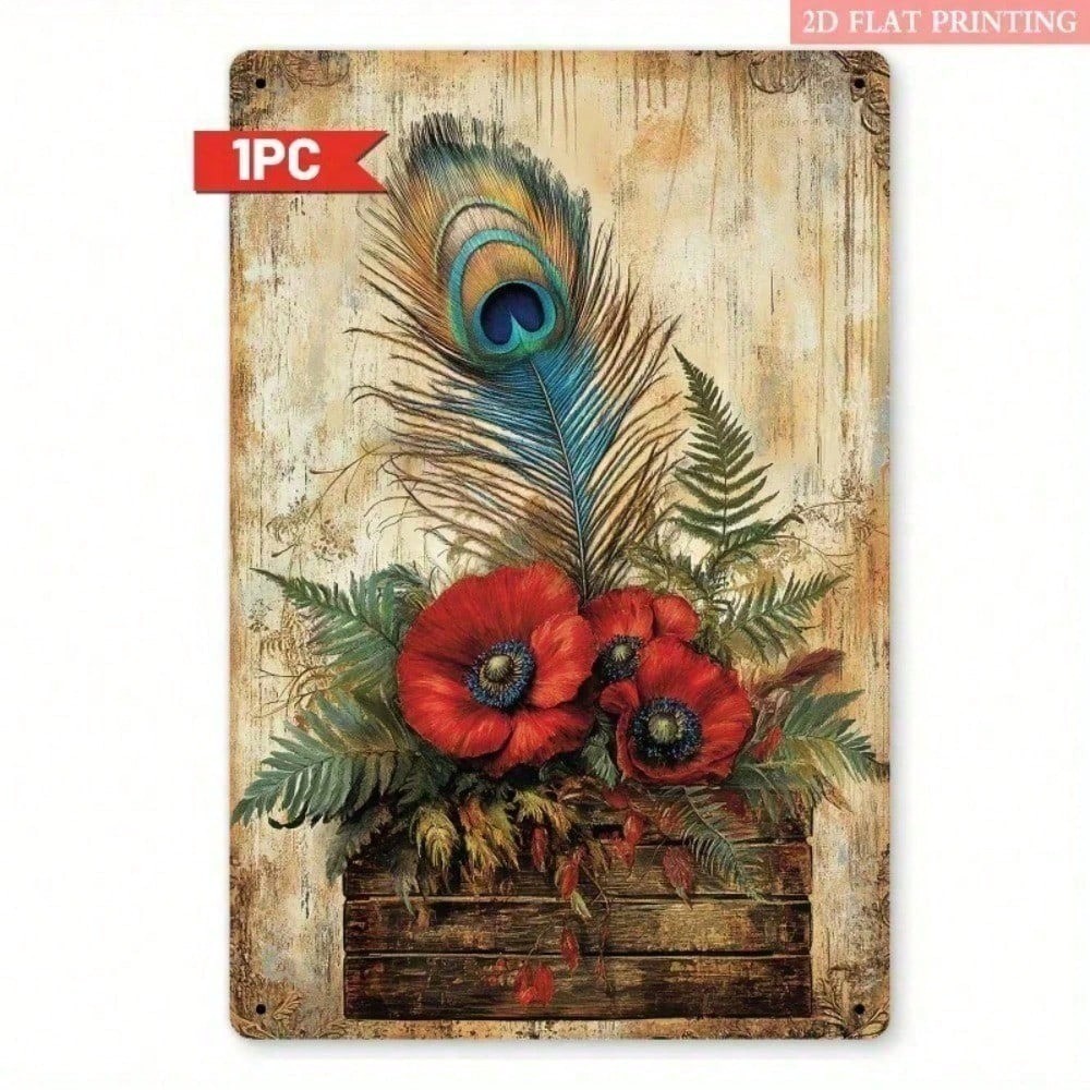 CIFbuy Vintage Peacock Poppy Metal Tin Sign 20x30cm Decoração De Parede Floral