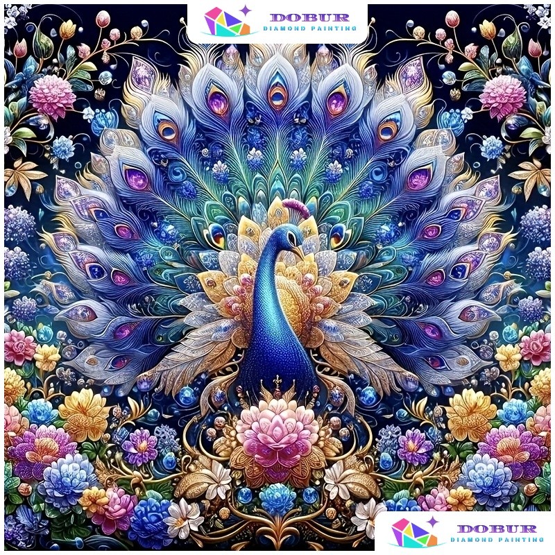 Kit De Pintura De Diamante Peacock 5D ,-Design Vibrante De Penas Azuis E Douradas Com Decoração Floral , Perfeito Para P