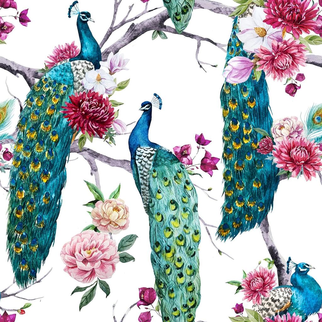 ReWallpaper Vintage Peal and Stick Peacock Wallpaper Blue/Green/Teal Flower Tree Wall Paper Self Adhesive 17.5in X 10ft