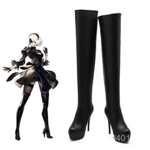 Botas de Cosplay Femininas de Moda Nier Automata YoRHa 2B, Sapatos de Jogo Cano Alto em Couro PU Preto com Salto Alto GL