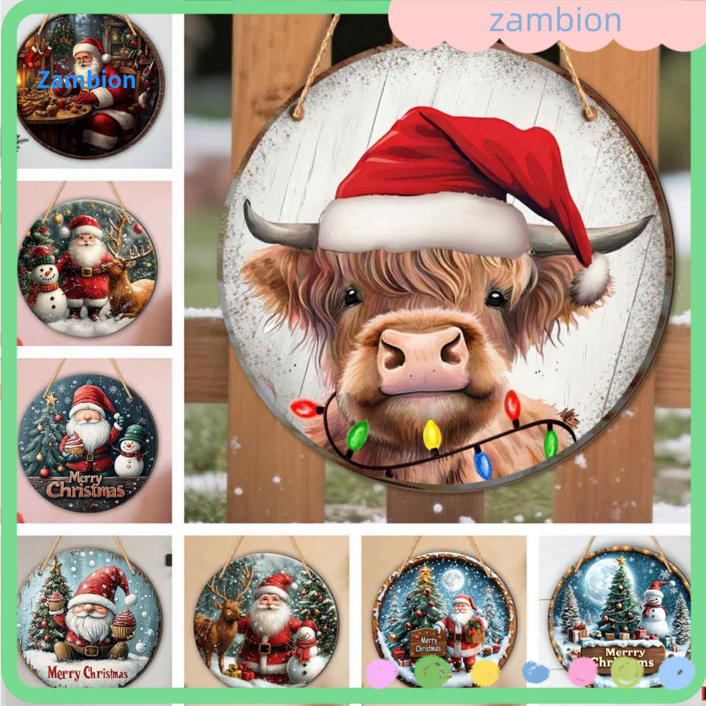 Rustic Christmas Wall Decor Solid Wood Welcome Plaque Wooden Round Hanging Sign Santa Claus Highland Cow Winter Door for