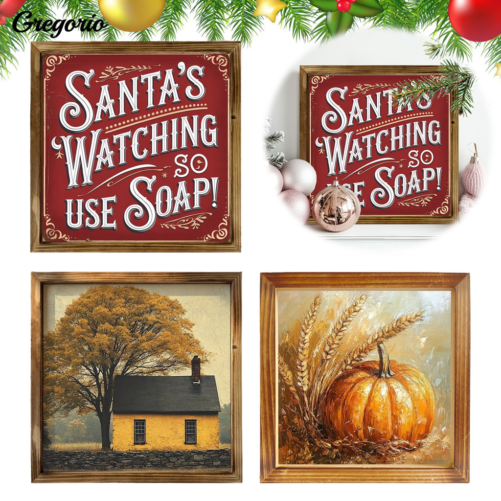 Rustic Solid Wood Picture Frames Vintage Style Wall Hanging Decor Autumn Harvest Pumpkin Wheat Wooden Art Farmhouse 2d F