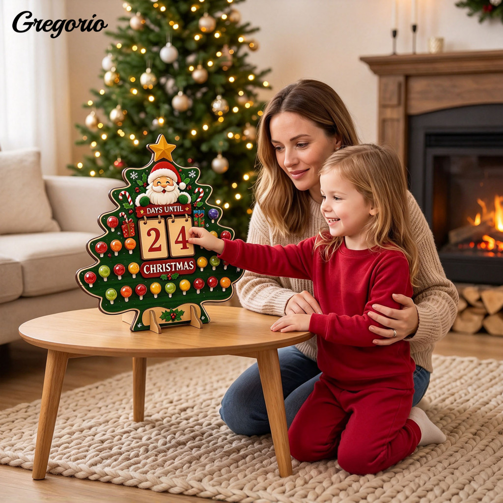 Solid Wood Santa Claus Ornament Wooden Christmas Countdown Calendar Tree Advent with Reversible Numbers – for Holiday