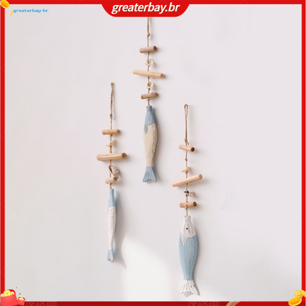 Handmade Small Fish Pendant Wall Decor with Hemp Rope – Solid Wood Coastal Style Ornament Easy to Hang No Drilling Nee