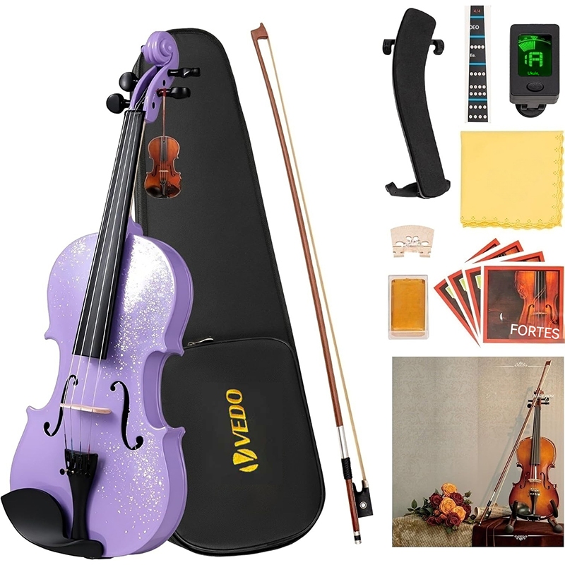 4/4 Violin Solid Wood Acoustic Violin with Case & Bow & Rosin & Strings & Tuner & Shoulder Rest Accessories for Beginner