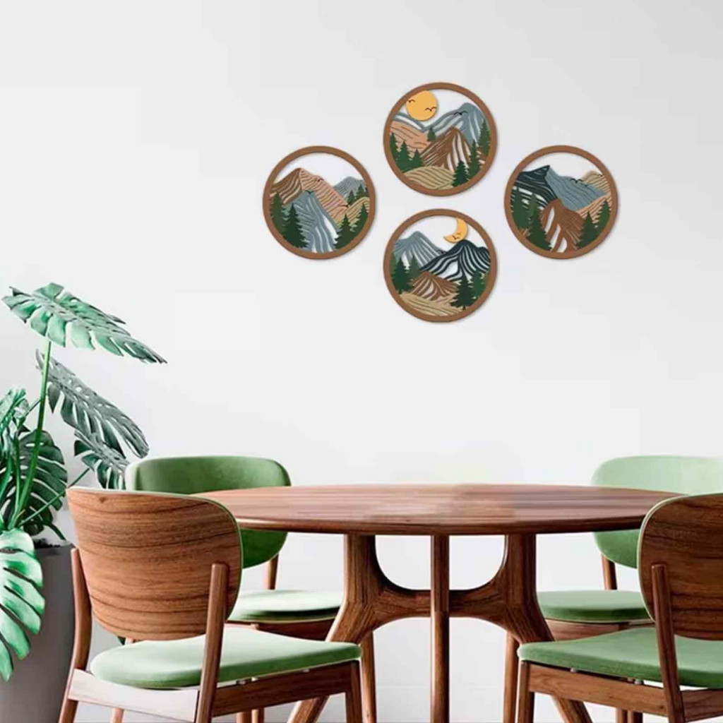 Rustic Wall Art Solid Wood Decor 4pcs Wooden Boho Mountain 2d Abstract Geometric Forest with Sun Moon Pine Tree Natural