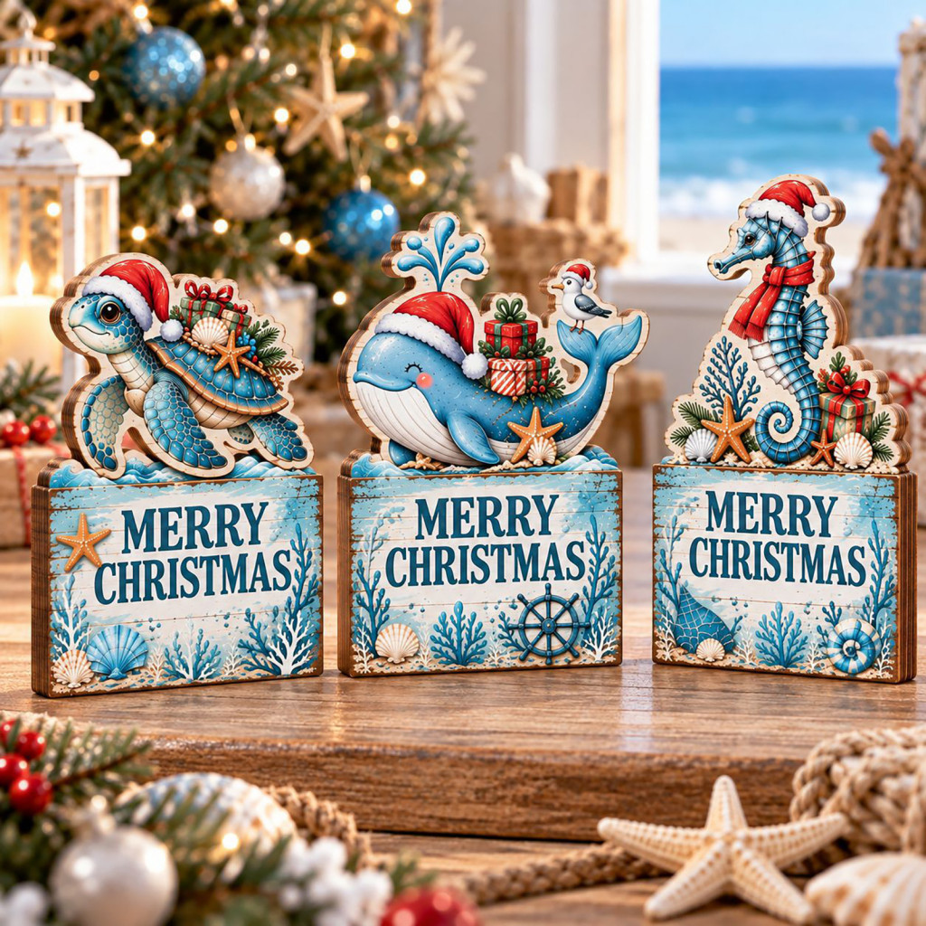Ocean Christmas Table Decorations Handcrafted Solid Wood Holiday Accents 3pcs Theme Ornaments Wooden Life Figurines Naut