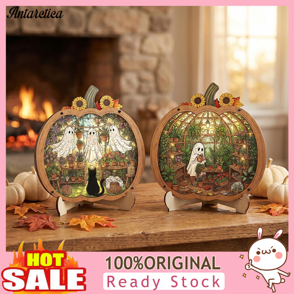Vintage Ghost Pattern Wooden Puzzle Solid Wood Halloween Decorations Pumpkin Garden Decorative Table Centerpiece for