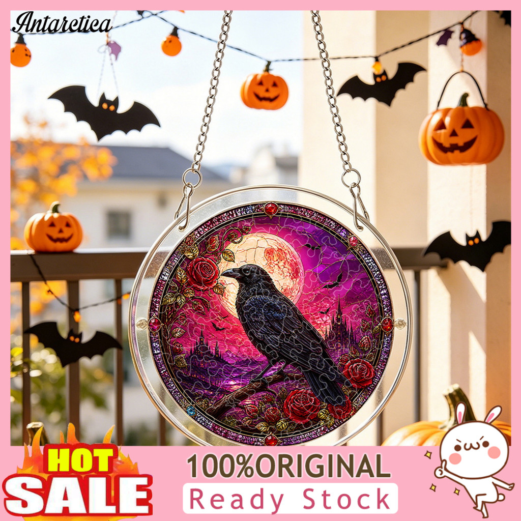 Ghost Window Art Crow Pattern Wall Ornament Halloween Puzzle Hanging Stained Glass Style Acrylic Pendant with Metal Chai