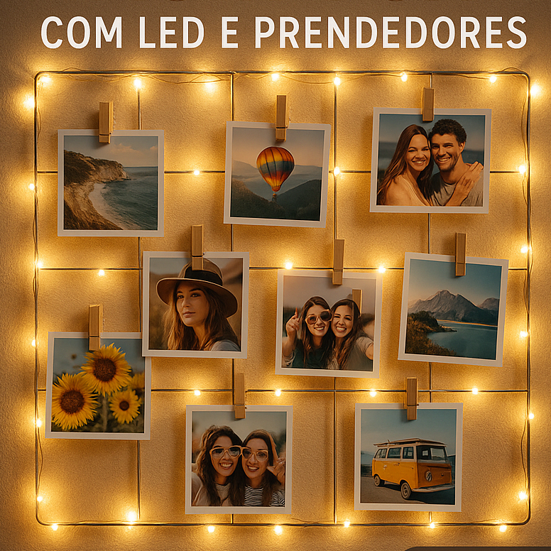 Painel de Fotos com Fio de LED | Memory Board Tela Aramada Decorativa para Parede e Quarto