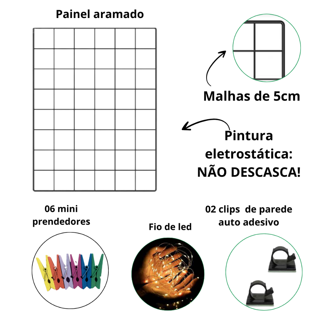 Memory Board 30x40 com Fio de LED e Mini Prendedores |Painel de Fotos Aramado Decorativo para Parede