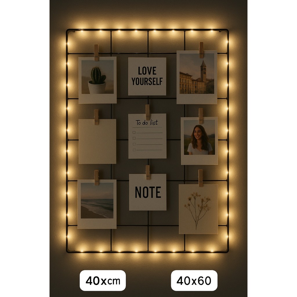 Memory Board Painel Aramado 40x60 com Luzes LED | Decoração de Parede para Fotos Sem Pilhas