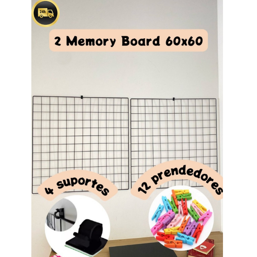 Kit 2 Memory Boards 60x60 com Prendedores | Painel Porta-Fotos Aramado Decorativo para Parede