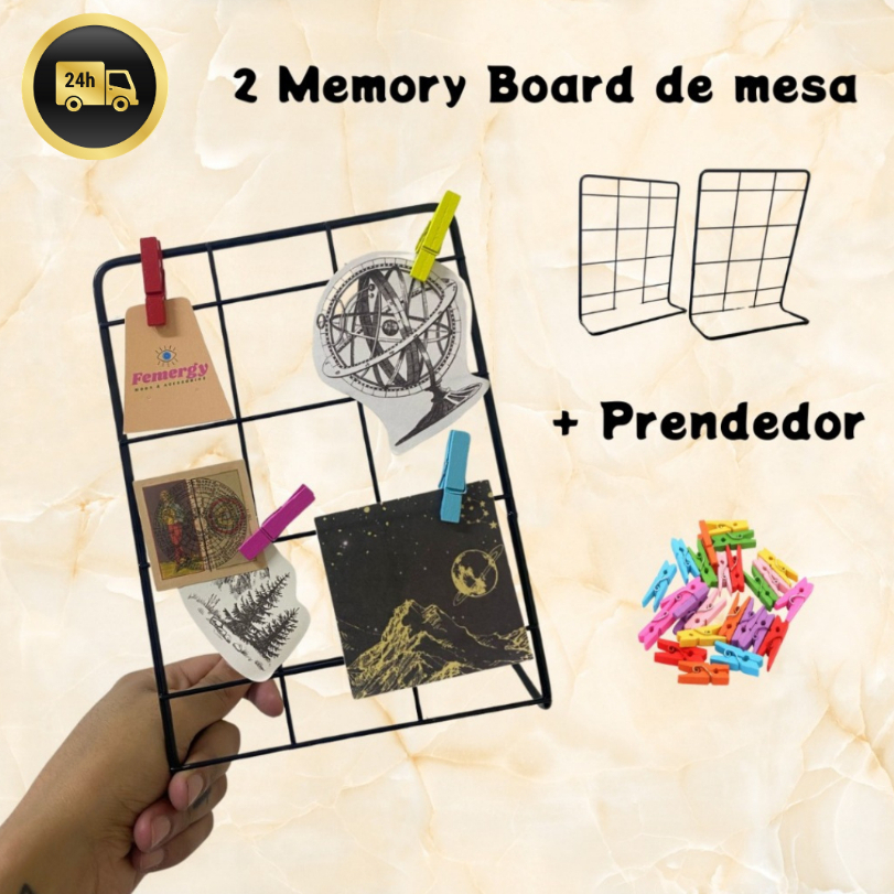 Kit 2 Mini Memory Board de Mesa com Pregadores | Painel Aramado Decorativo para Fotos e Recados