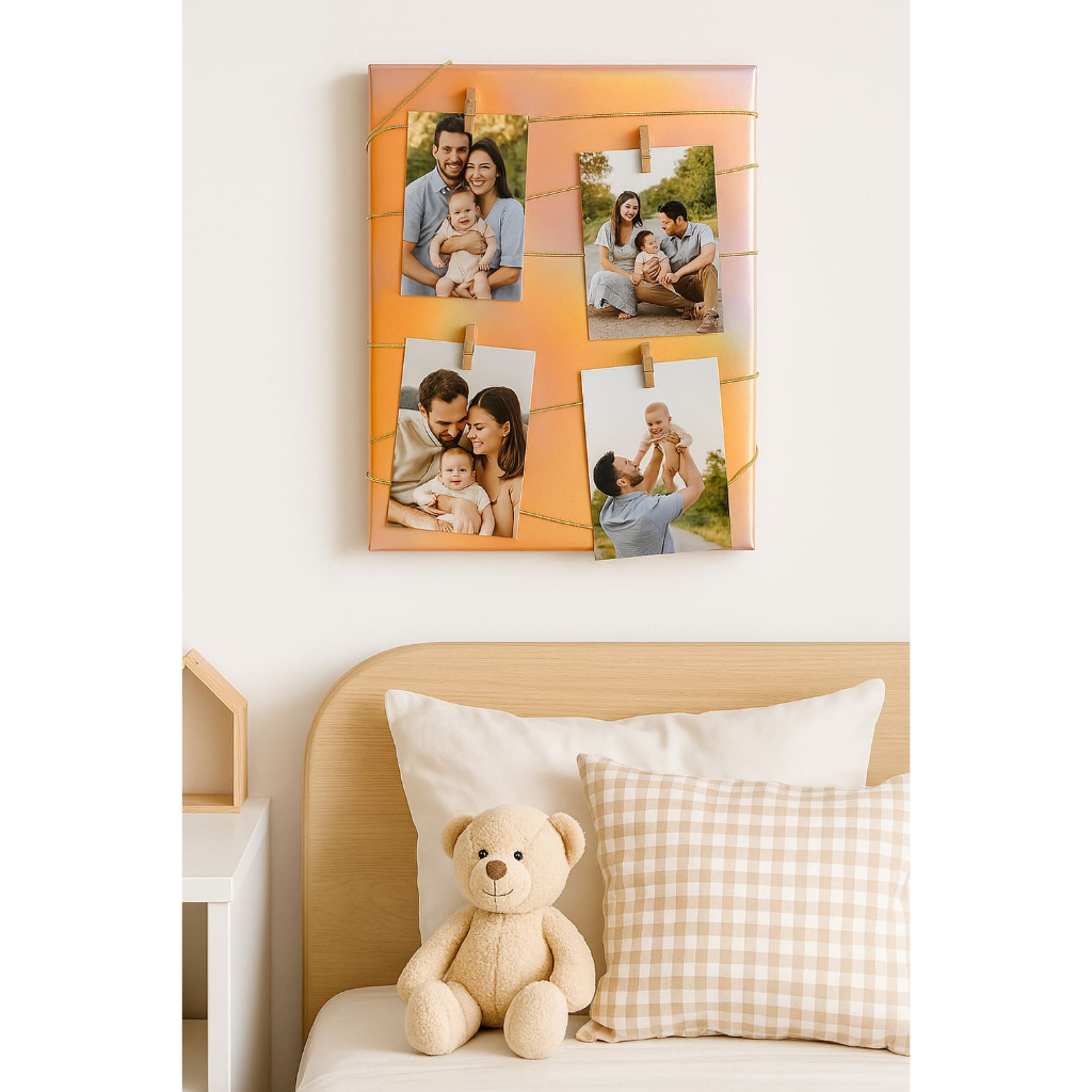 Memory Board, Quadro de Memórias, Mural De Fotos + Pregadores e Fixador - Cor Holográfico Rosa 40x30x2cm