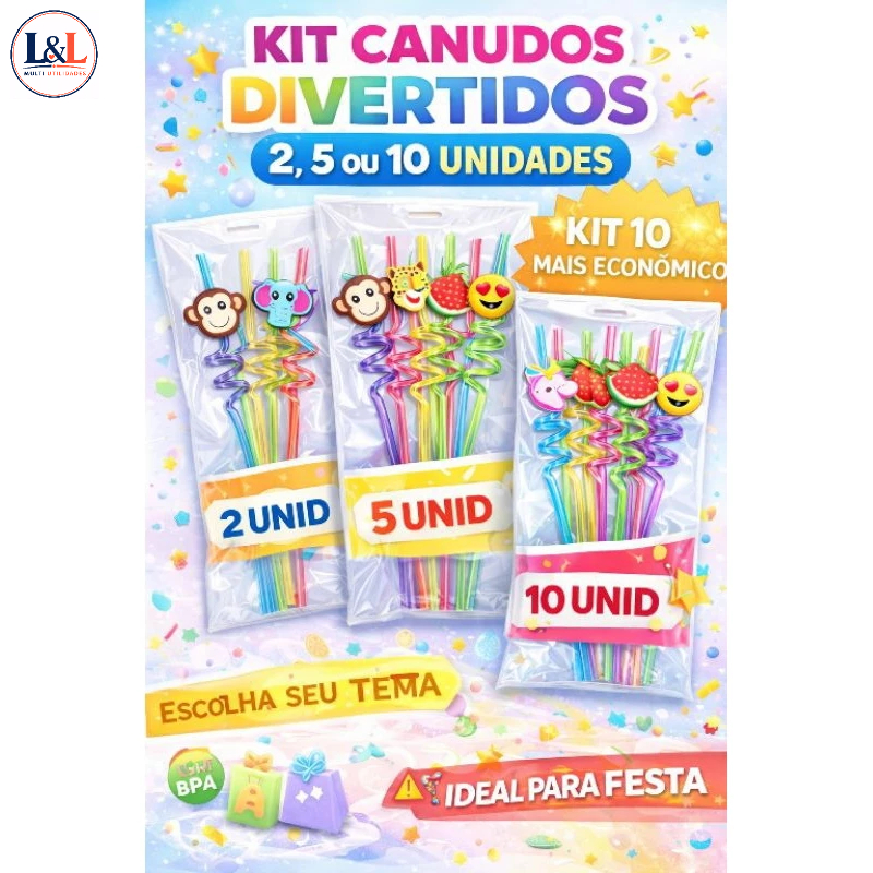 Kit Canudos Divertidos Infantil 2, 5 ou 10 Unidades | Animais Unicórnio Emoji | Reutilizável Festa Lembrancinha