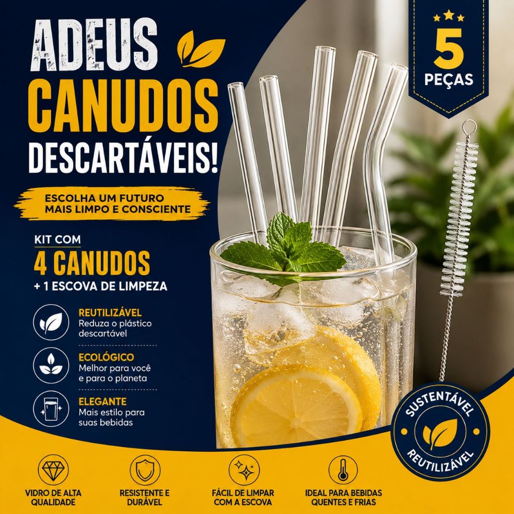 Canudos de Vidro Reutilizáveis Com Escova Para Limpeza - Kit Ecológico - BC