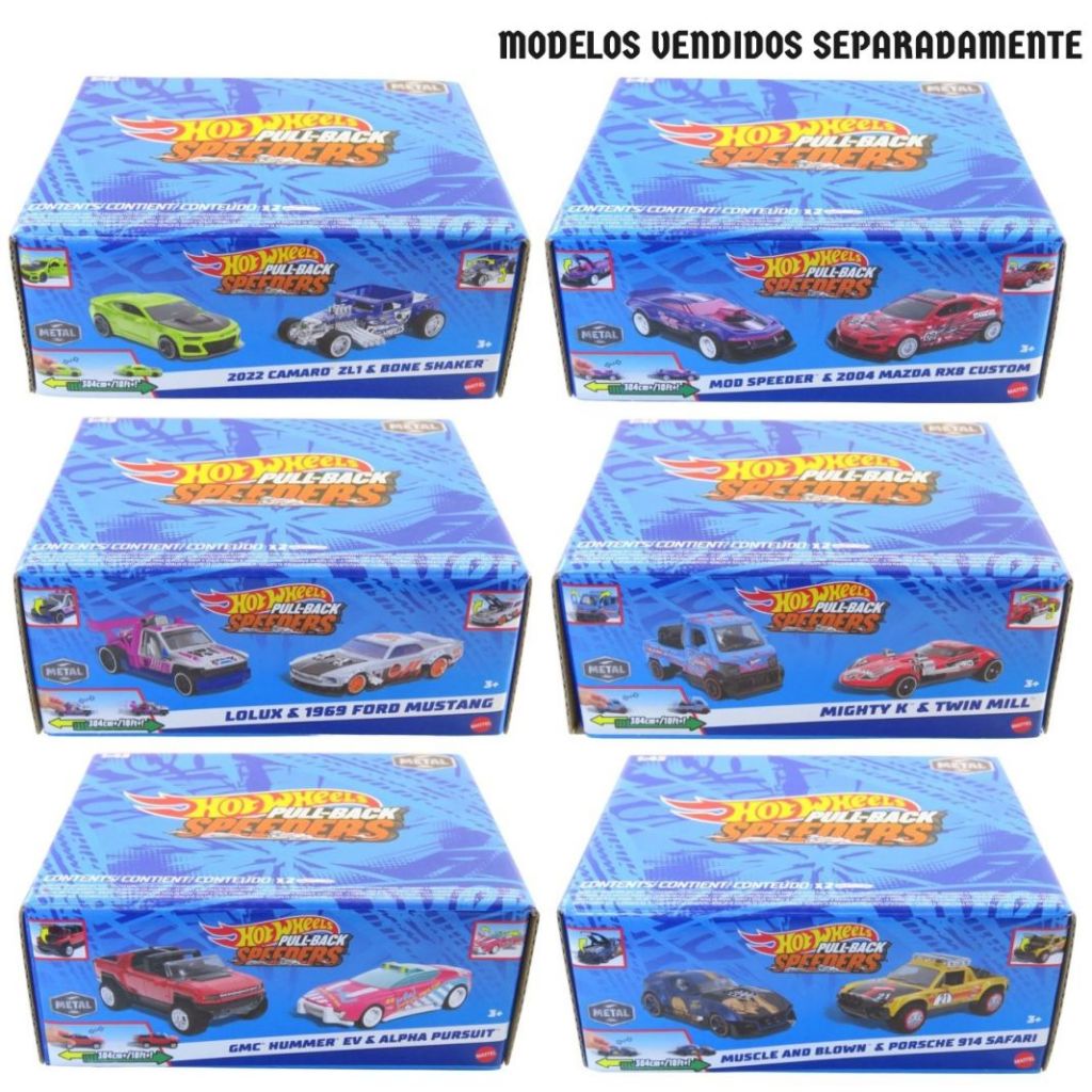 Pack c/ 2 Carrinho em Miniatura Hot Wheels Pull-Back Speeders - Metal 1/43 - Mattel