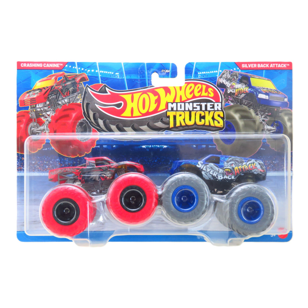 Pack c/ 2 Monster Trucks - Crashing Canine vs Silver Back Attack - 1/64 - Hot Wheels