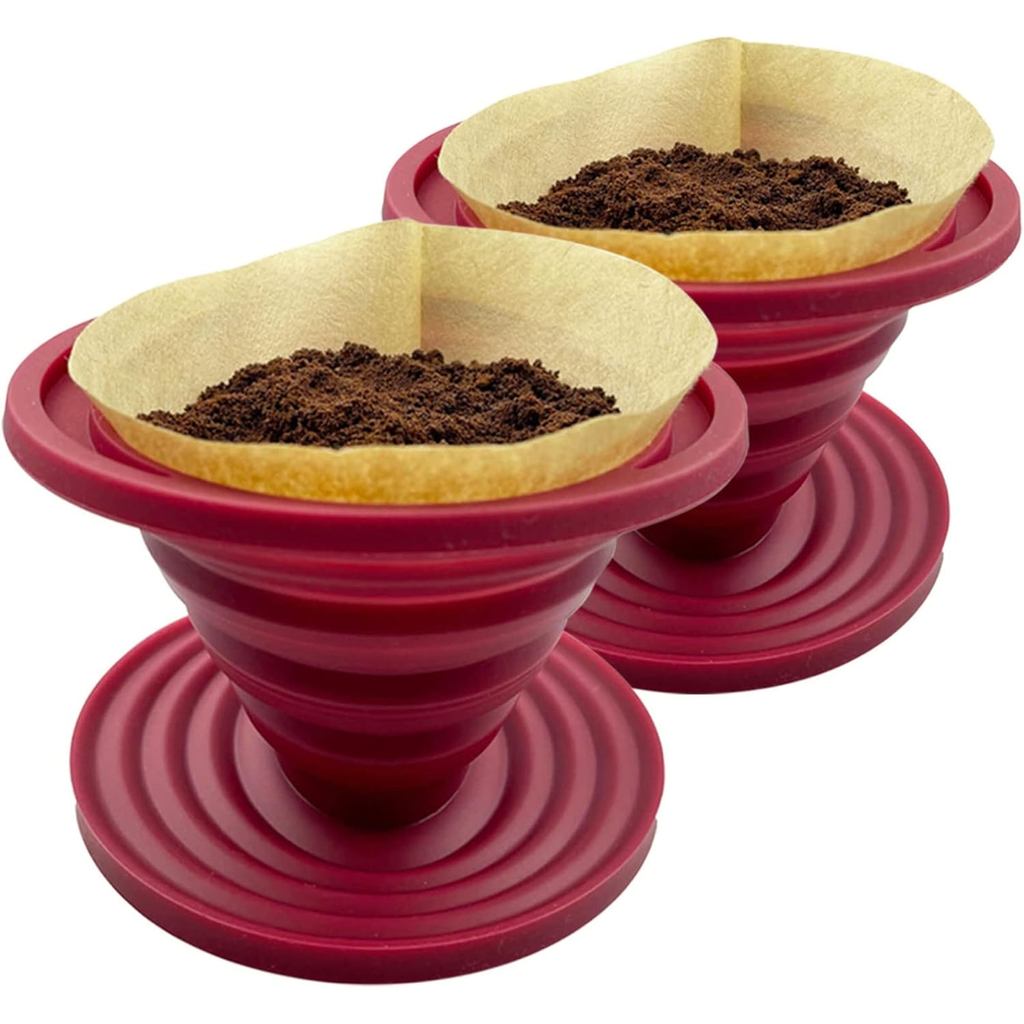 Attsky Collapsible Pour Over Coffee Dripper for Camping, 2-Pack, Red | Reusable Silicone Filter Holder for Travel & Back