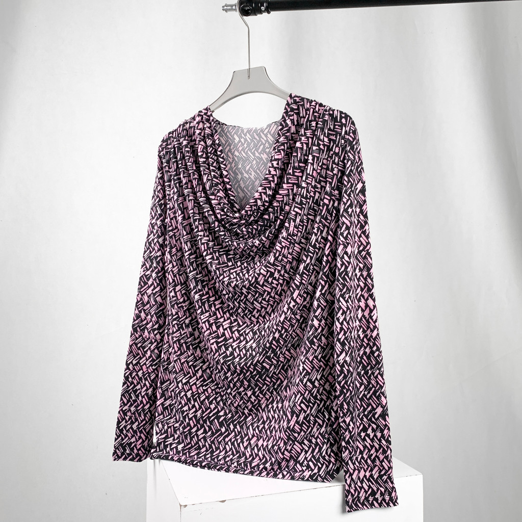 7955 [Design Drop Collar] American Light Luxury Brand Roupas Femininas Padrão Design Gola Gota Slim-fit Manga Comprida T