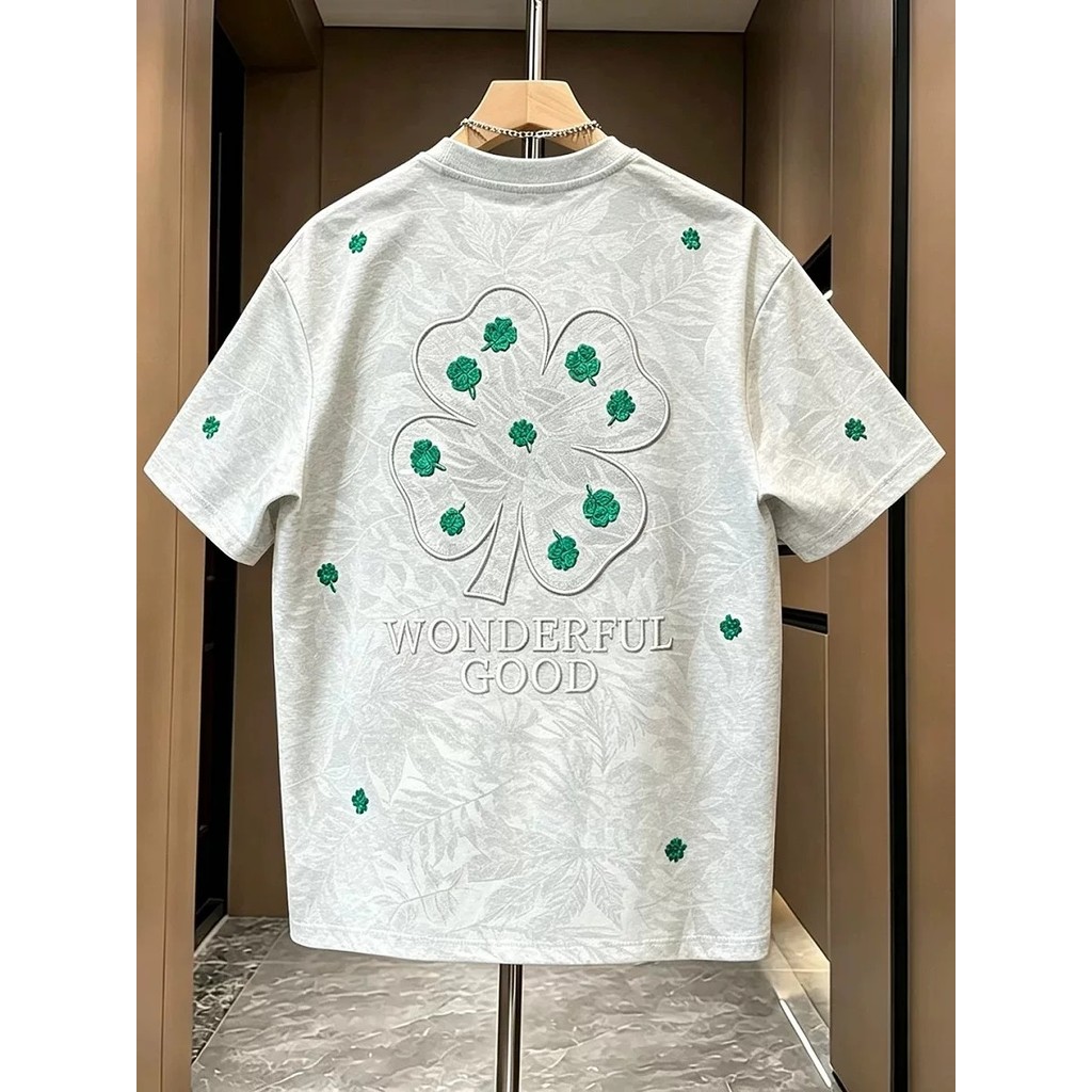 Street Wear American Light Luxury Tie-Dye Trevo de quatro folhas masculino de manga curta bordado redondo Ne