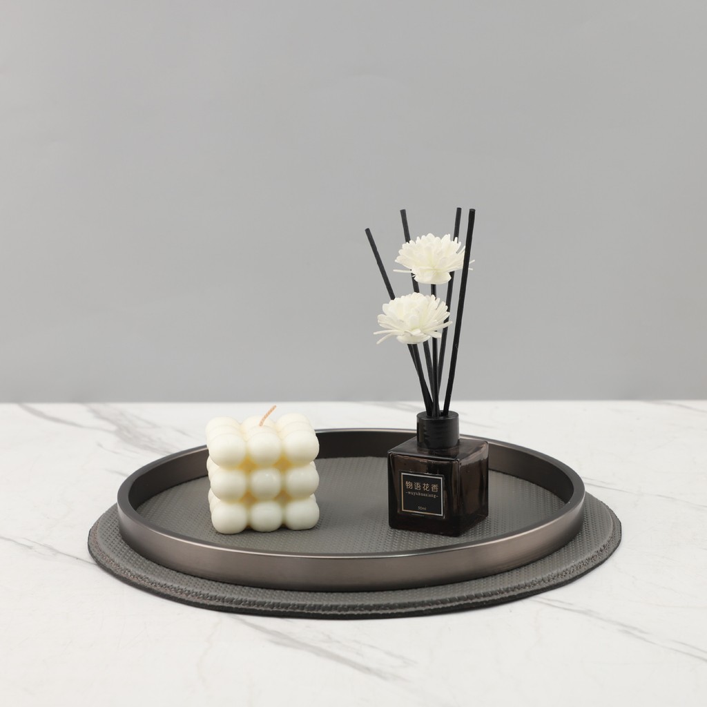 CDDY European-style light luxury leather round aromatherapy tray decorative storage tray ornament for living room, entry