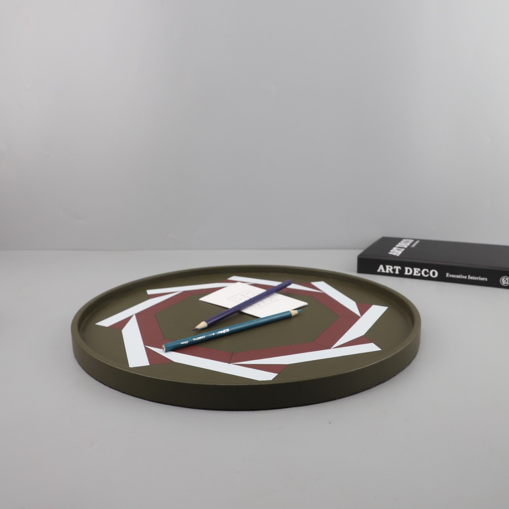 GCSI Modern minimalist round wooden and leather tray, decorative piece for living room, bedroom, TV cabinet, coffee tabl