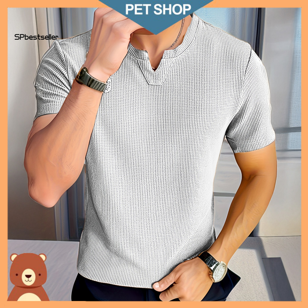 Men Casual Shirt Summer V-neck Men's T-shirt Short Sleeve Slim Fit Soft Breathable Tee Solid Color Daily Wear Top for Co