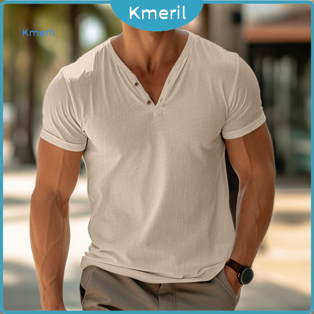 Men Solid Color T-shirt Casual Tee Men's Henry Collar Short Sleeve Summer Cotton Blend Lightweight Top for Daily Wear Be