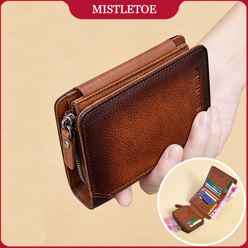 Bolsa De Moedas Masculina Pequena Com Três Dobras Retrô Carteira De Couro Genuíno Para Homem