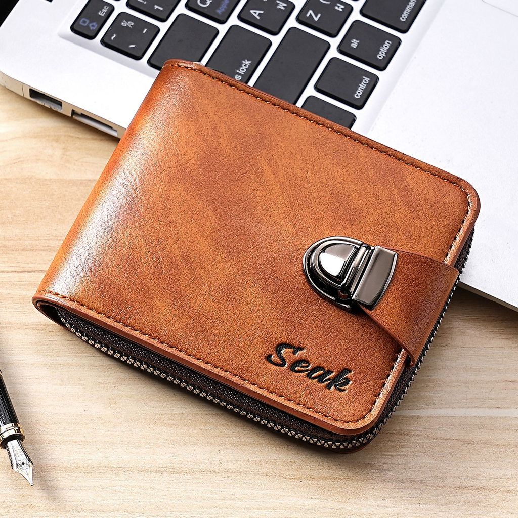 Nova carteira curta masculina Retro zíper moeda bolsa Multi-cartão carteira carteira