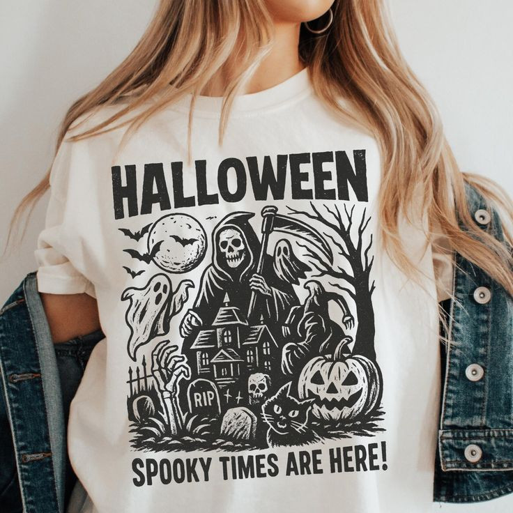 Camisa de Halloween Branca com Design Espetacular: Fantasma, Cemitério, Jack - o'- Lanterns, Ideal para Eventos de Festa