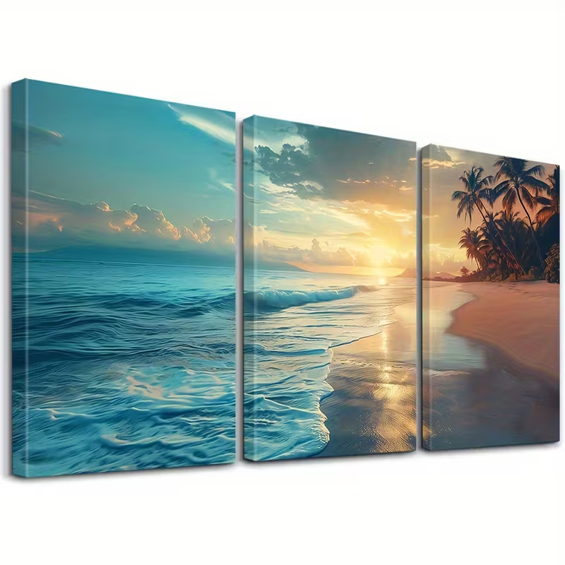 Kit 3 Quadros Decorativos Coqueiros e Brilho do Sol Sem Furar Parede Praia Pôr do Sol Tropical