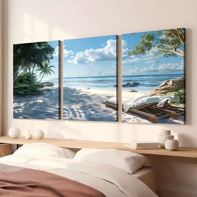 Kit 3 Quadros Decorativos Praia e Coqueiros Relax Sem Furar Parede Mar Tropical Ilha Paradisíaca