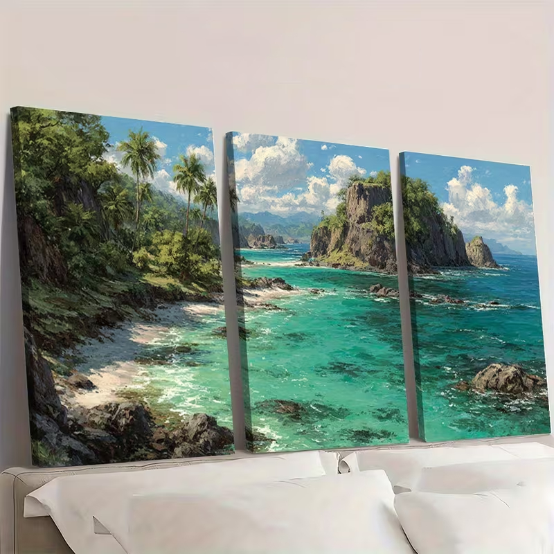 Kit 3 Quadros Decorativos Praia Tropical Paisagem Mar Sem Furar Parede Decoração Sala e Quarto