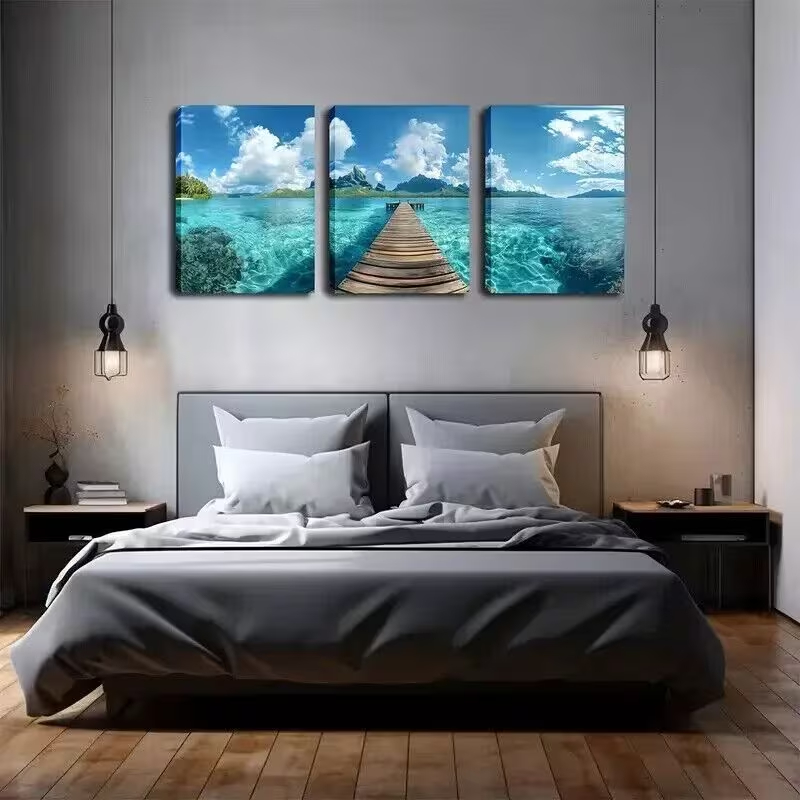 Kit 3 Quadros Decorativos Paisagem Ilhas Tropicais Decoração de Quarto Píer e Mar Pronta Entrega