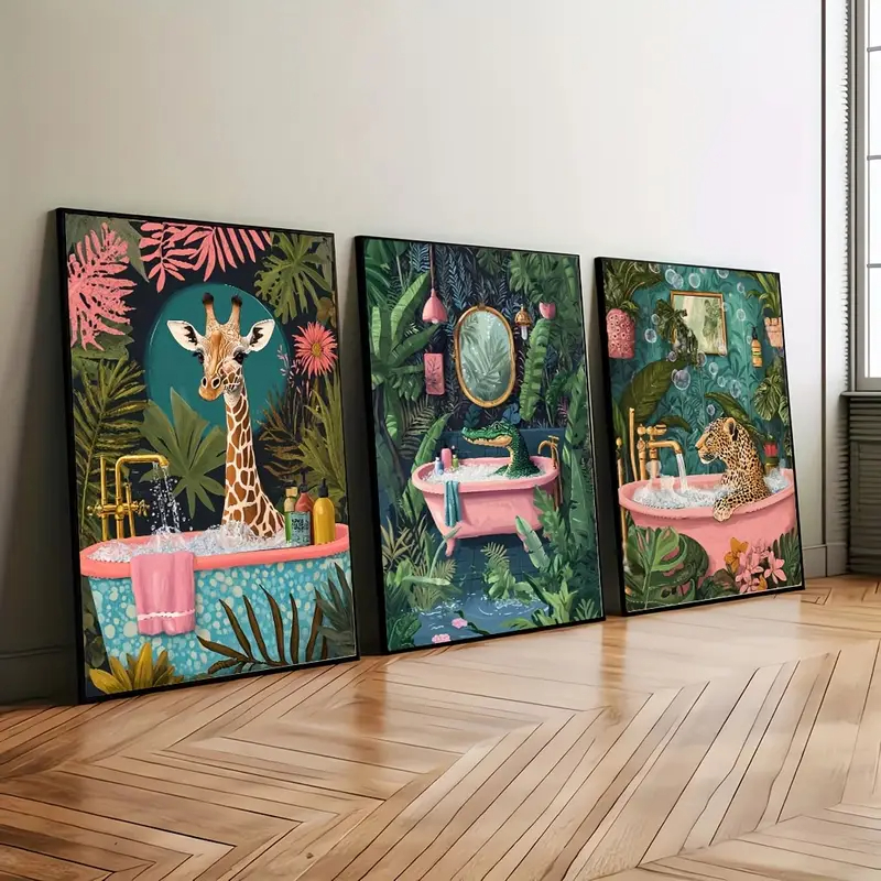 Kit 3 Quadros Animais Banheiro Safari MDF Autocolante Decoração Divertida Tropical Vintage