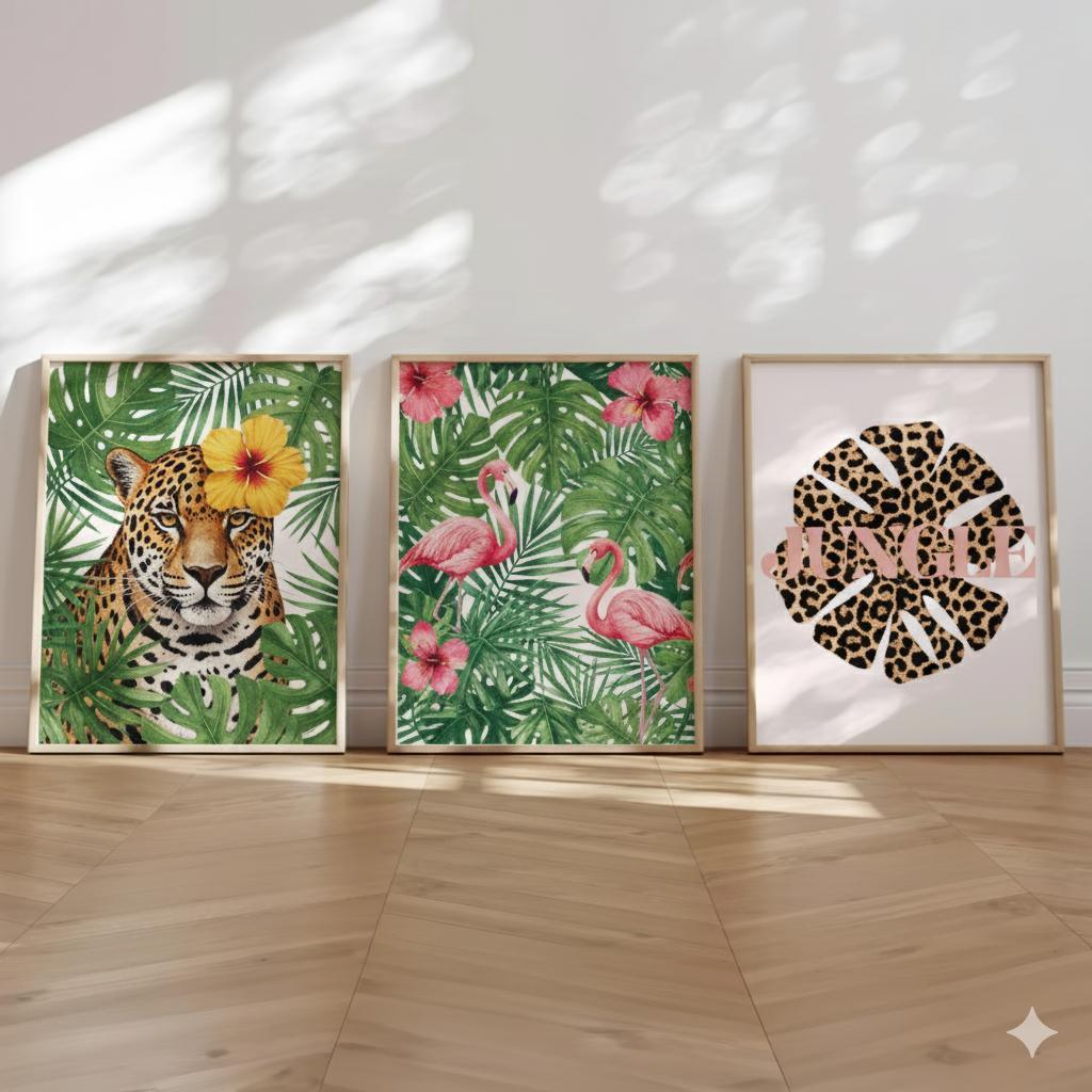 Quadros decorativos selva rosa verde tropical moderno (3 peças)