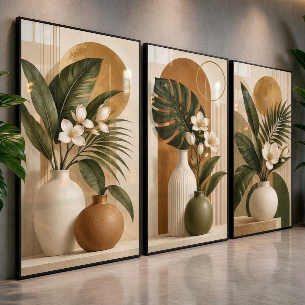 Quadros Decorativos Tropicais Kit 3 Folhagens Verdes Flores Brancas Vasos para Sala de Estar