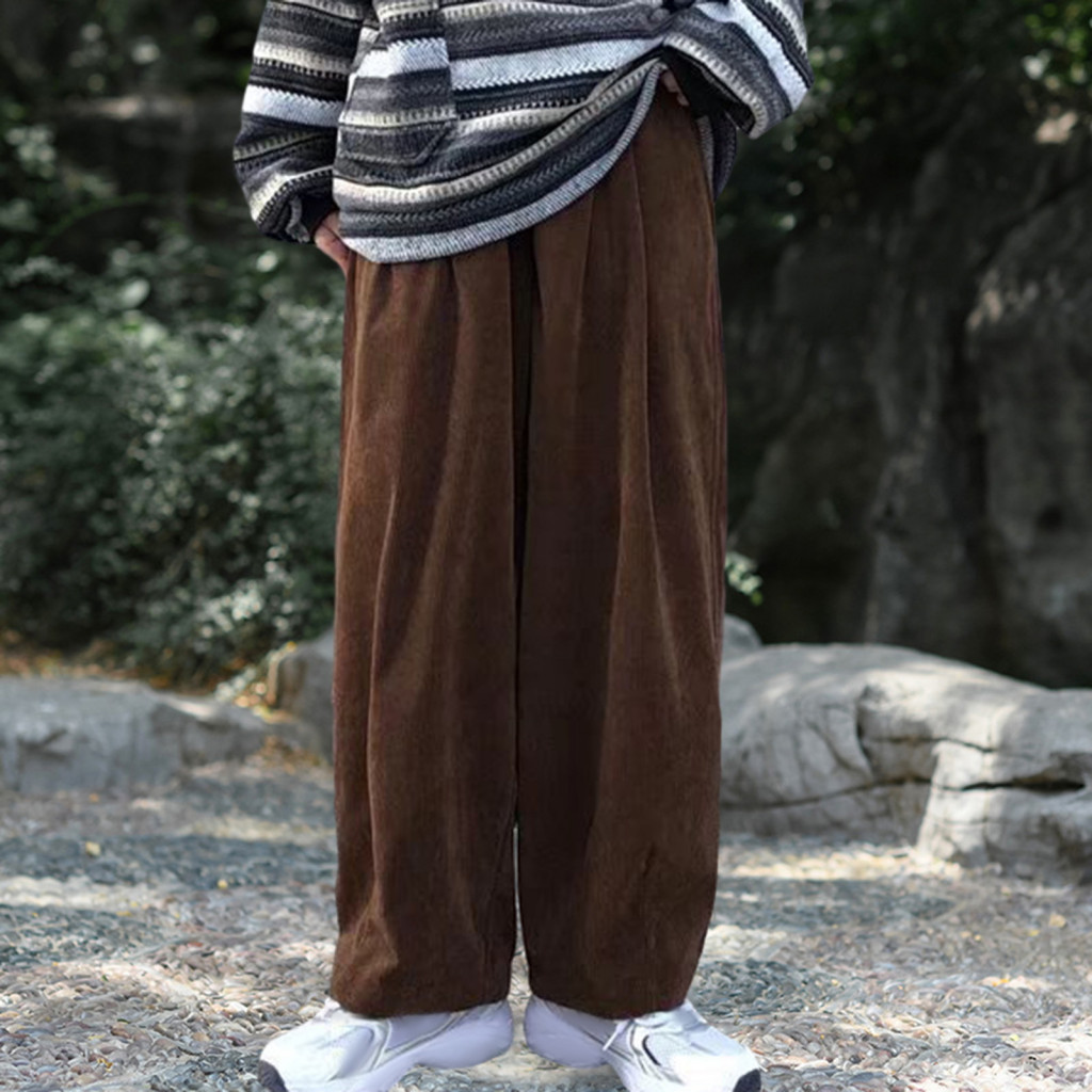 Men Corduroy Pants Elastic Waist Men's Casual Loose Wide Leg Japanese Style Retro Solid Color Trousers with and Deep Cro