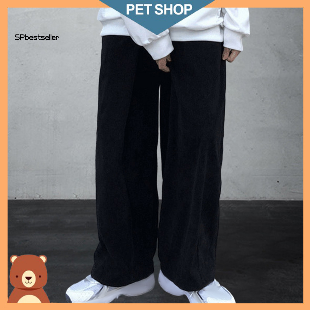 Drawstring Corduroy Pants Men Men's Casual Loose Wide Leg Japanese Style Retro Solid Color Trousers with Elastic Waist a
