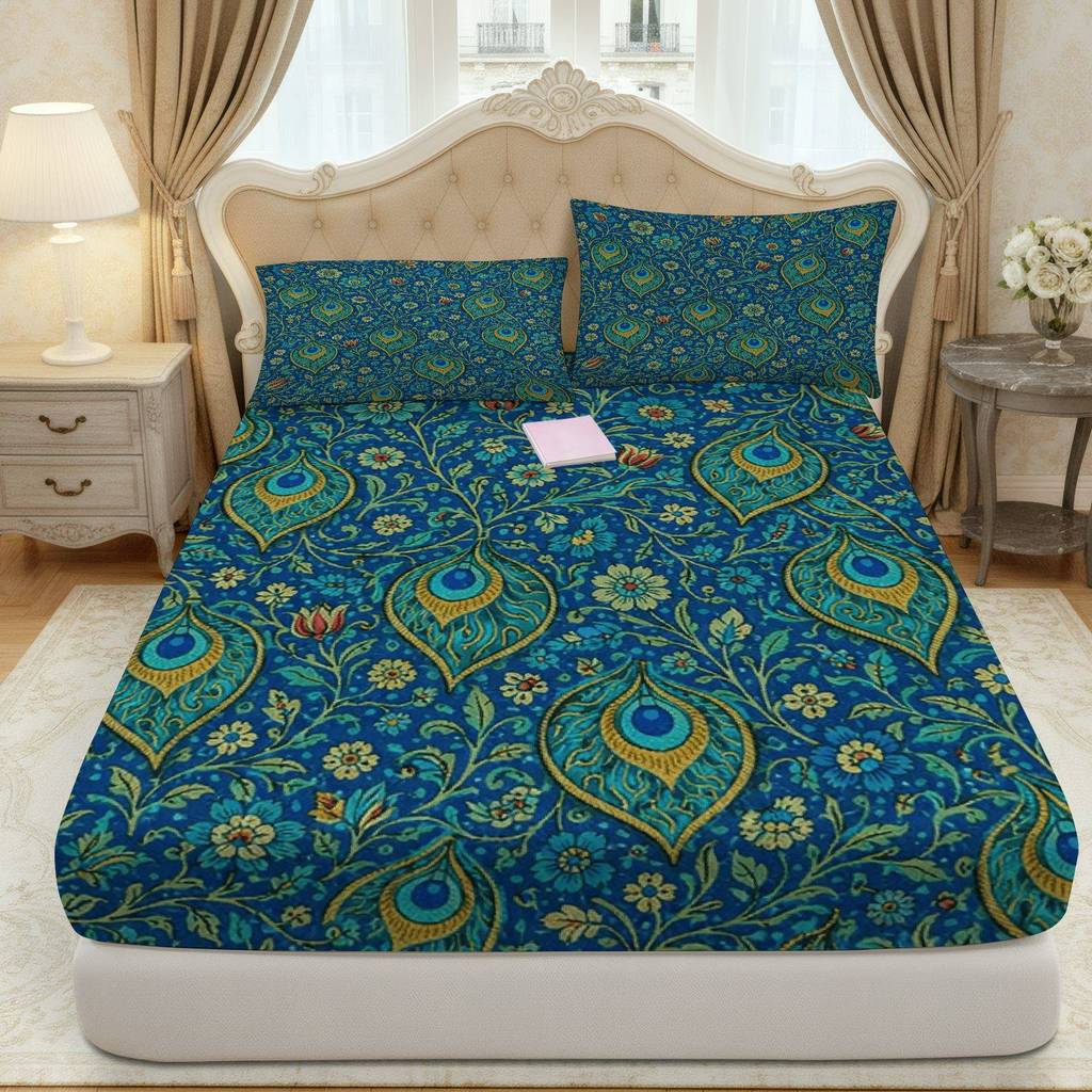 Conjunto De 3 Lençóis Peacock Floral Royal (1 Lençol + 2 Fronhas, Sem Núcleo), Design Festivo