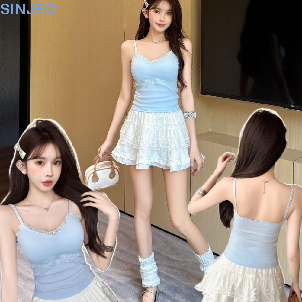 SINJEO Camisola De Renda , Espartilho Com Decote Em V Slim Fit , Moda Y2K Ins Coreano Stlye Tanques Suspender Colete Via