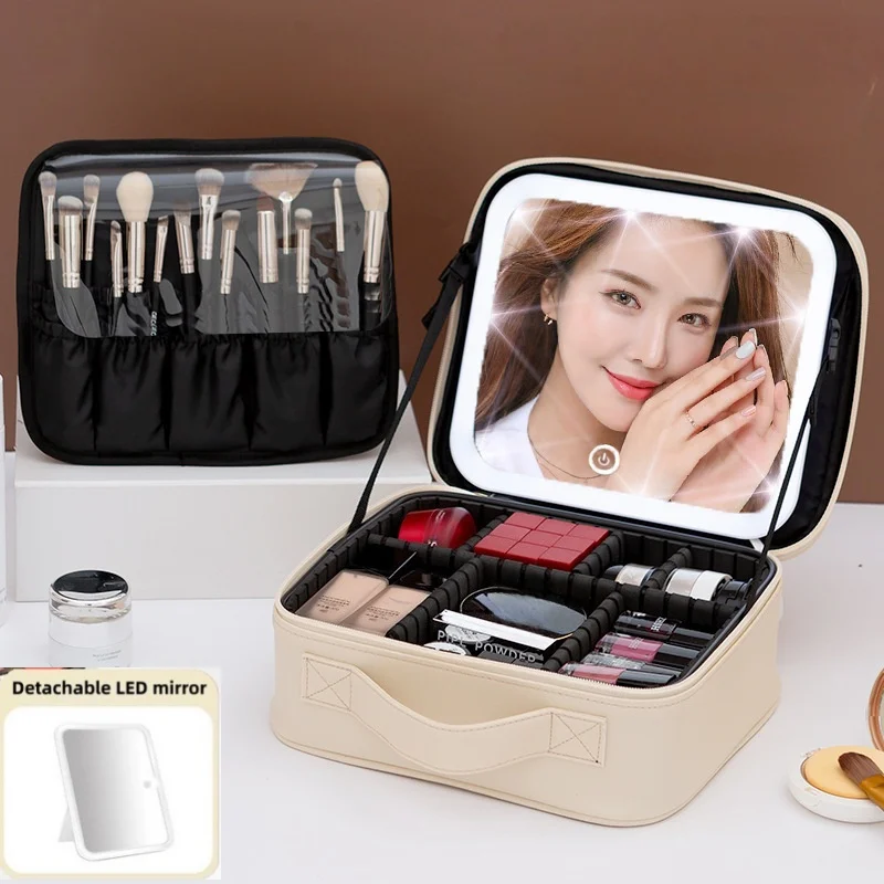 Large Capacity Women's Makeup Bag With LED light Mirror Portable Travel Cosmetics Case Beauty Tool Organizers Storage Box