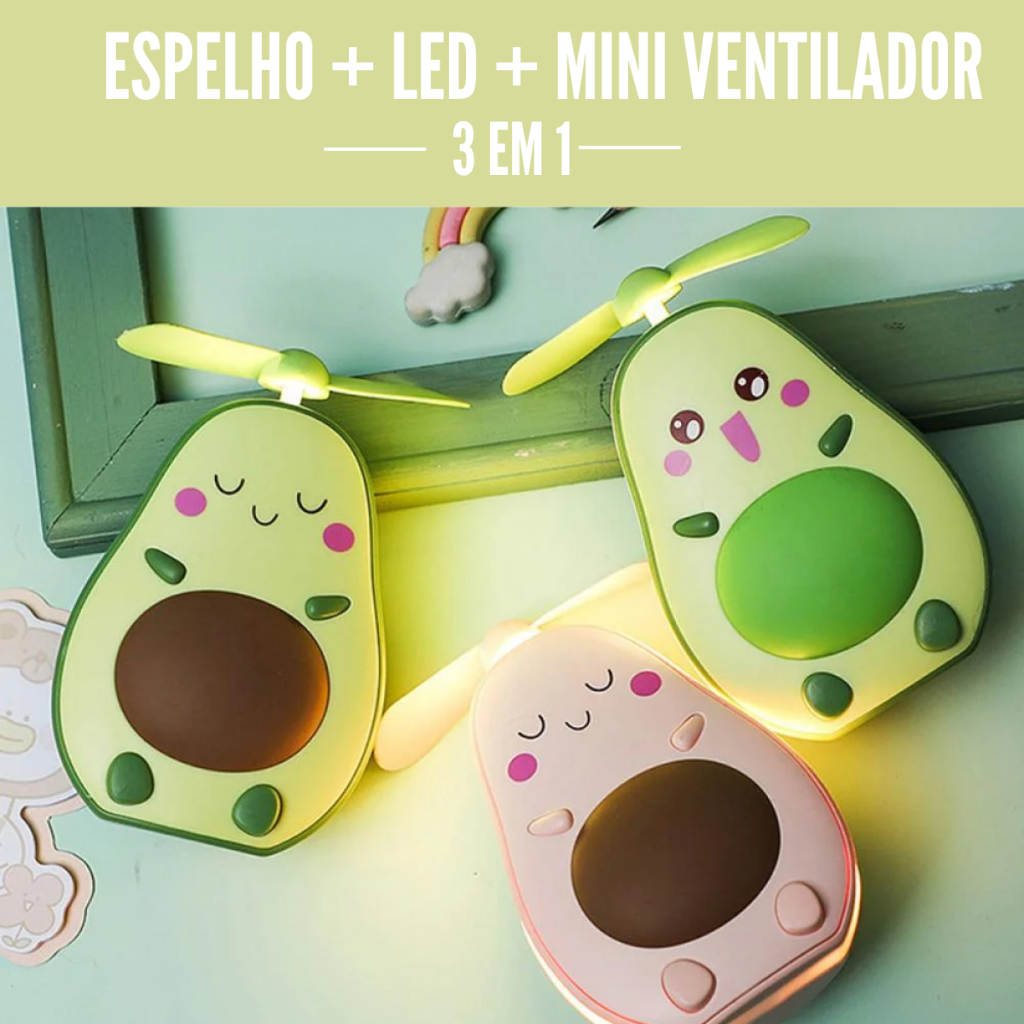 3 em 1 Mini Espelho Compacto Portátil De Abacate  Ventilador de Viagem Luz Noturna LED